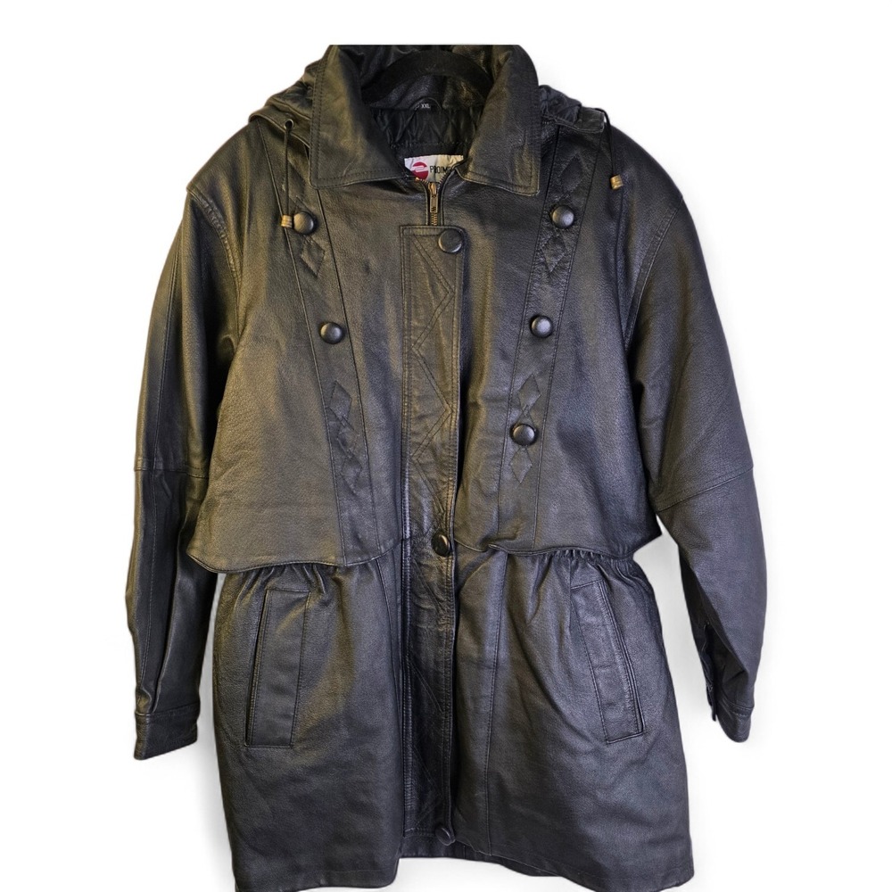 Vintage PROMPEX Germany Black Leather Hooded Coat Parka Quilted Lined XXL *READ